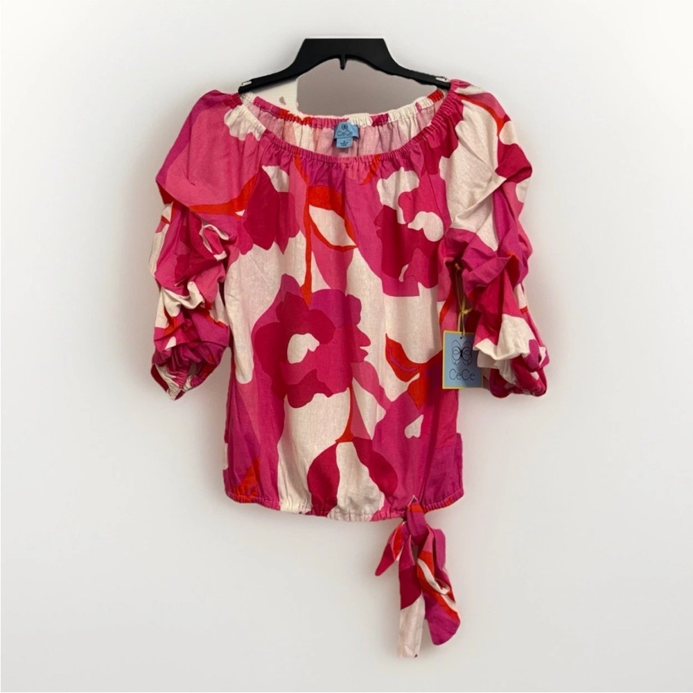 CeCe Vibrant Pink and Cream Floral Top
